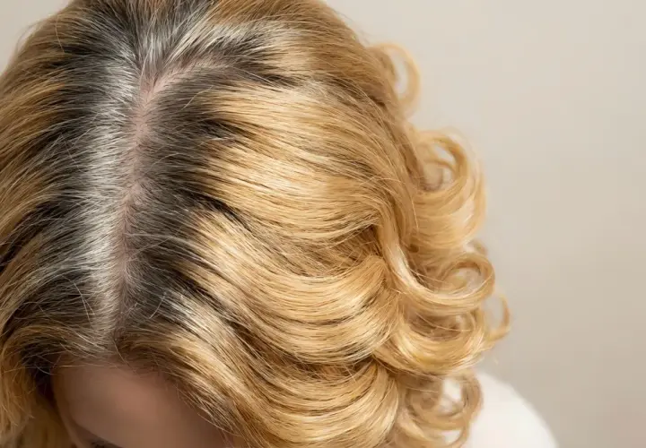 Widoczne ciemne odrosty na blond włosach, które wymagają odświeżenia koloru.