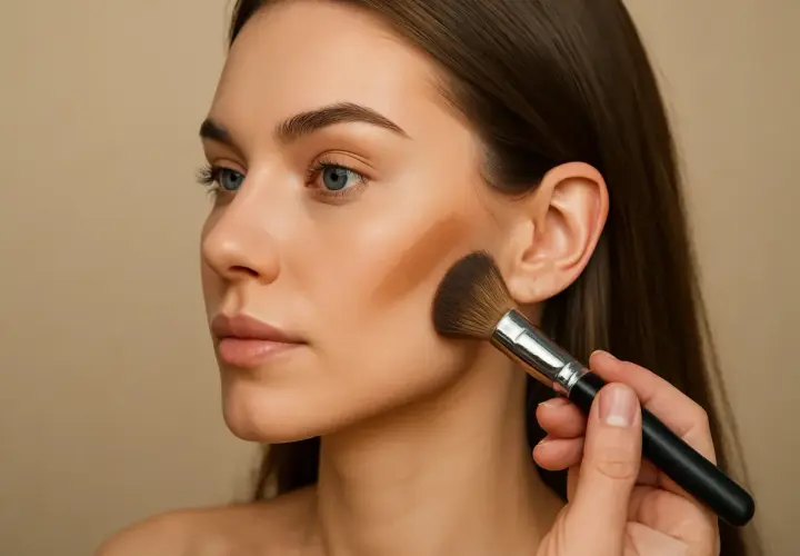 Modelka w makijażu, aplikacja bronzera na policzki. To celimax perfekcyjnego konturowania.
