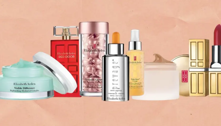 Kolekcja kosmetyków Elizabeth Arden: krem nawilżający, perfumy Red Door, serum z retinolem, serum Prevage, olejek Eight Hour i szminka.
