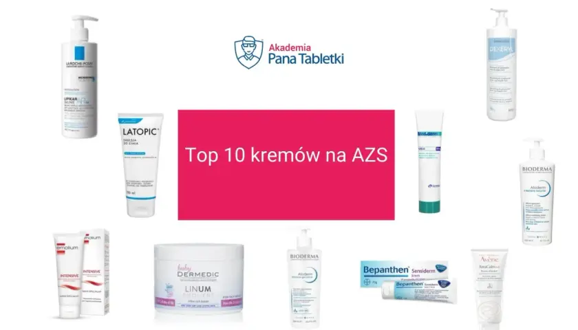 Krem na atopowe zapalenie skóry: kolekcja produktów do pielęgnacji skóry z AZS, w tym Lipikar, Latopic, Dexeryl i Bepanthen.