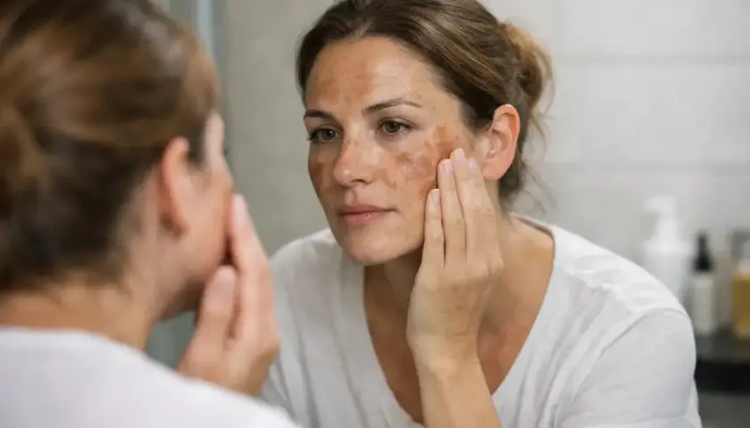 Kobieta z przebarwieniami na twarzy, zastanawia się co to jest melasma.