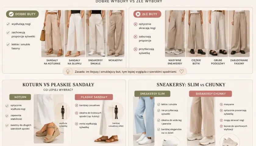 Jakie buty do szerokich eleganckich spodni? Wybieraj lekkie, smukłe koturny, sandały na słupku lub sneakersy slim. Unikaj masywnych, ciężkich butów.