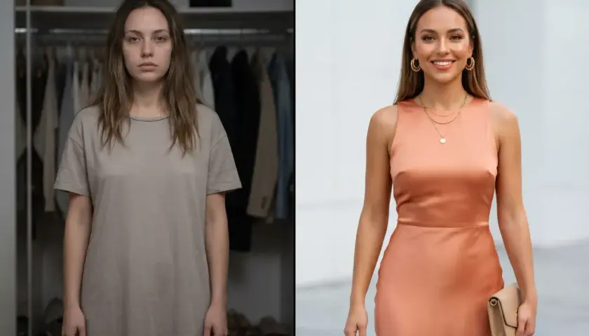Przemiana z szarego t-shirtu w elegancką sukienkę w kolorze brzoskwiniowym.