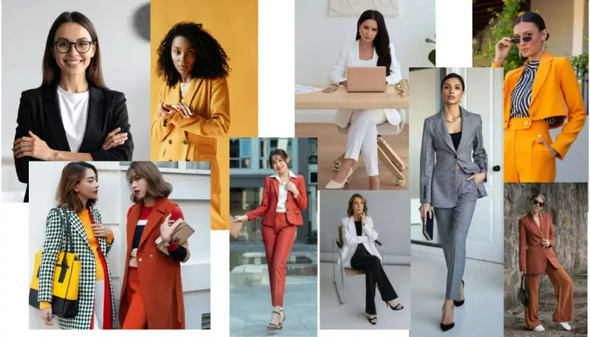 Kobiety w stylizacjach business casual: garnitury, marynarki i eleganckie spodnie. Inspiracje do pracy.