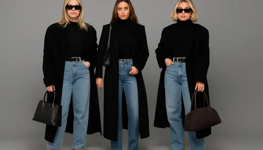 Trzy kobiety w czarnych płaszczach i jeansach prezentują stylowe stylizacje z jeansami.