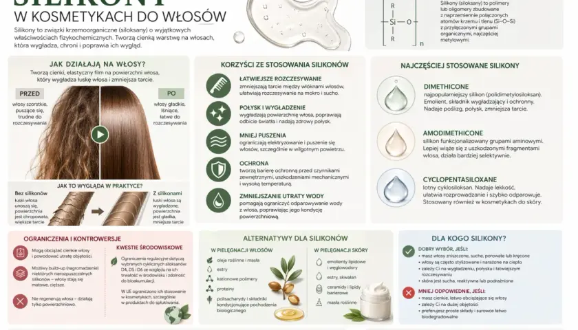 Dimetikon to popularny silikon wygładzający włosy, nadający im połysk i zmniejszający tarcie.