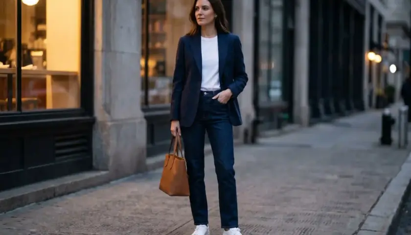 Kobieta w granatowej marynarce i jeansach, z brązową torbą, prezentuje styl smart casual.