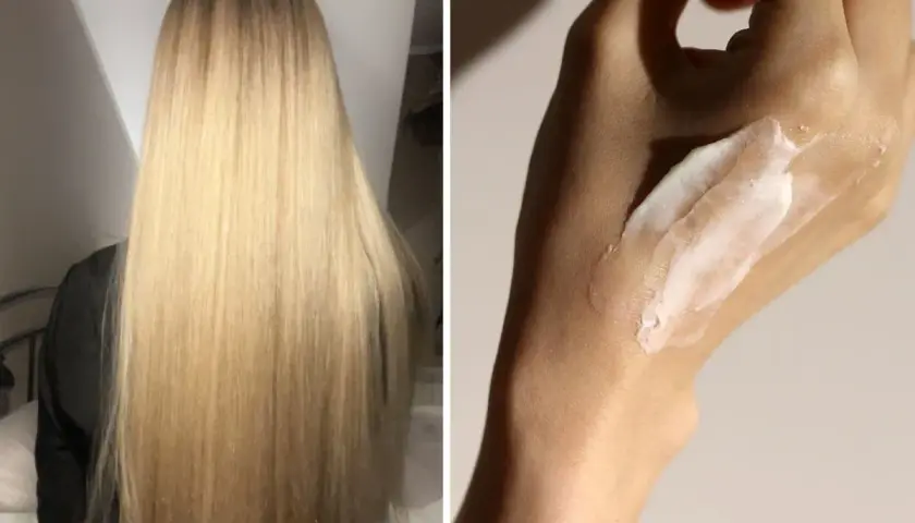 Długie, blond włosy i biały krem na dłoni, być może efekt pielęgnacji Isana Plex.