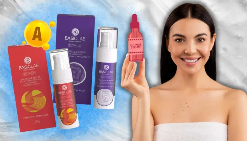 Uśmiechnięta kobieta prezentuje kosmetyki z retinolem. W zestawie serum z retinolem, witaminą C i karnozyną.