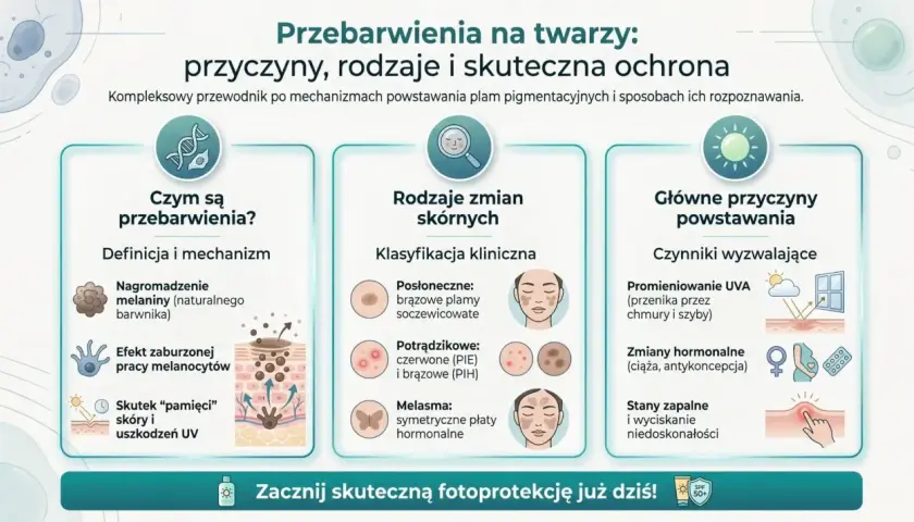 Przewodnik po przebarwieniach na twarzy: przyczyny, rodzaje i ochrona. Dowiedz się, jak powstają plamy starcze i jak im zapobiegać.