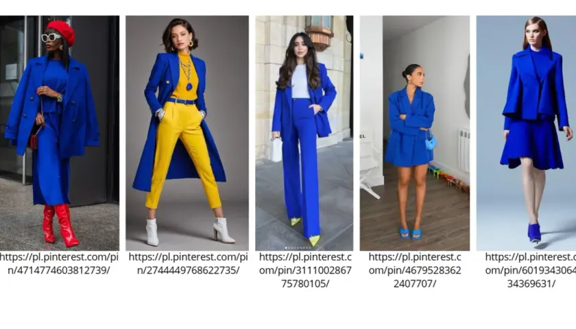 Eleganckie stylizacje w odcieniu **kolor chabrowy**. Garnitury, płaszcze i sukienki prezentują się niezwykle szykownie.
