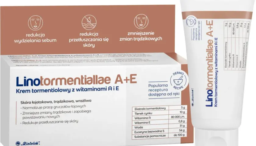 Krem Linotormentiallae A+E z witaminami A i E redukuje przetłuszczanie skóry, zmniejsza zmiany trądzikowe i łagodzi podrażnienia.