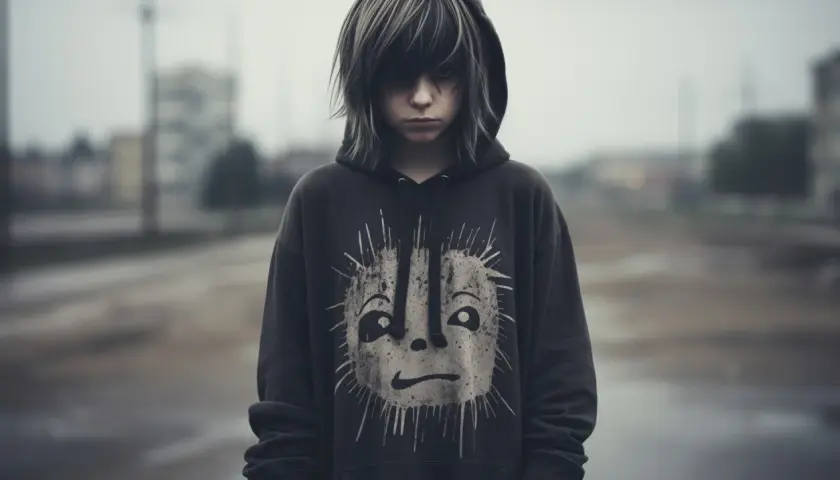 Młoda osoba w bluzie z kapturem, z charakterystyczną fryzurą i makijażem, w stylu emo, stoi na tle miejskiego krajobrazu.