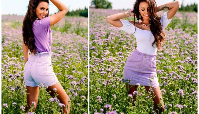 Kobieta w pastelowych ubraniach pozuje na tle kwitnącego pola. Stylizacja w klimacie cottage core.