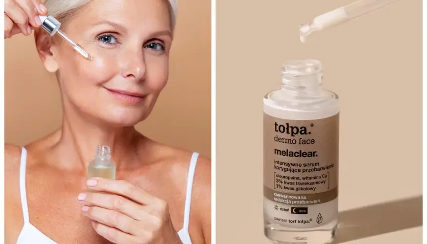 Kobieta aplikuje serum z kwasem traneksamowym na twarz. Produkt to tołpa. dermo face melaclear.