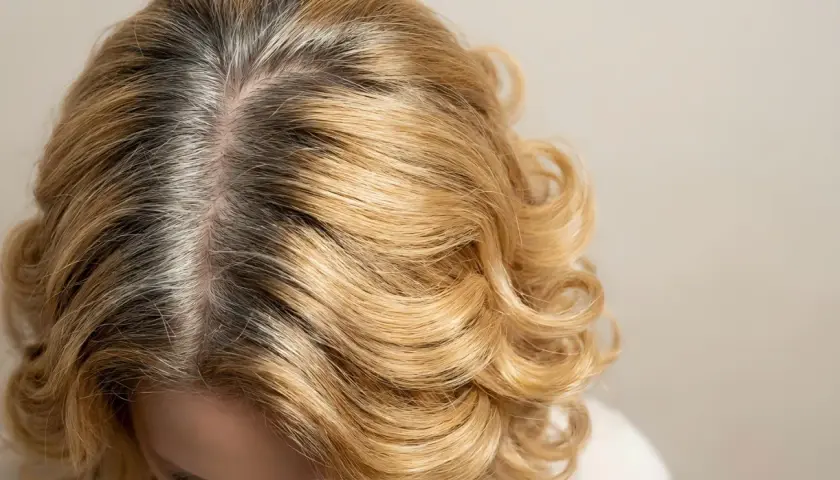 Widoczne ciemne odrosty na blond włosach, które wymagają odświeżenia koloru.