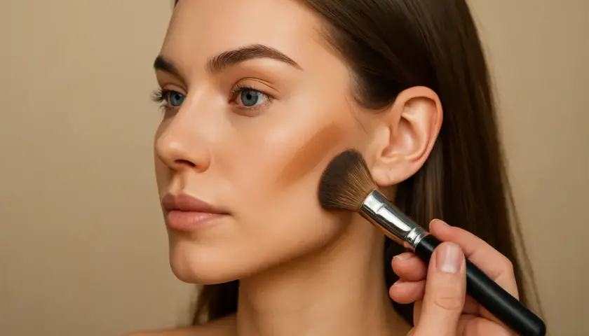Modelka w makijażu, aplikacja bronzera na policzki. To celimax perfekcyjnego konturowania.