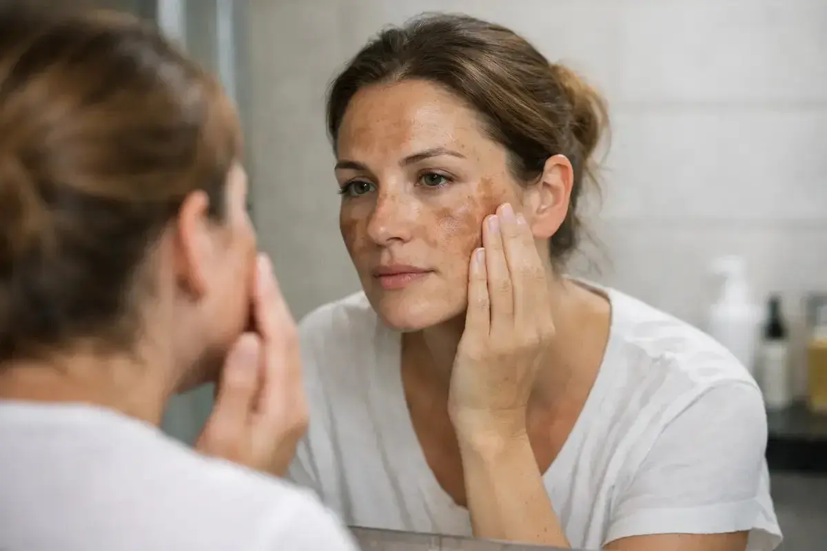 Kobieta z przebarwieniami na twarzy, zastanawia się co to jest melasma.