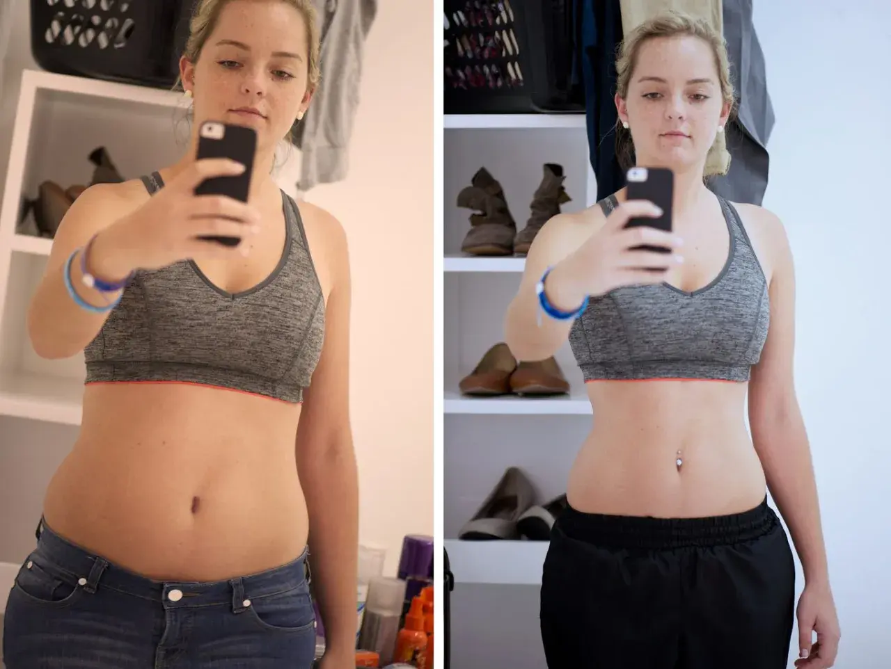 Przed i po: widoczne liposukcja kawitacyjna efekty na brzuchu. Kobieta w sportowym topie robi selfie, pokazując smuklejszą sylwetkę.