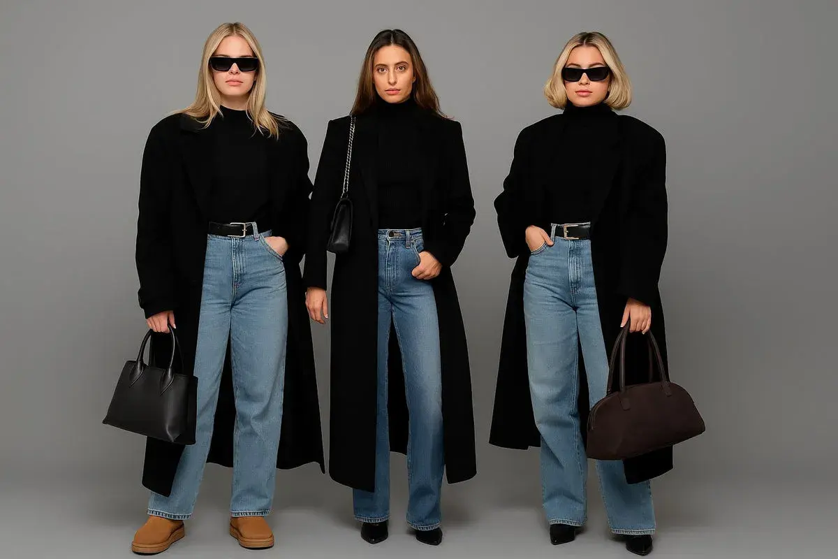 Trzy kobiety w czarnych płaszczach i jeansach prezentują stylowe stylizacje z jeansami.