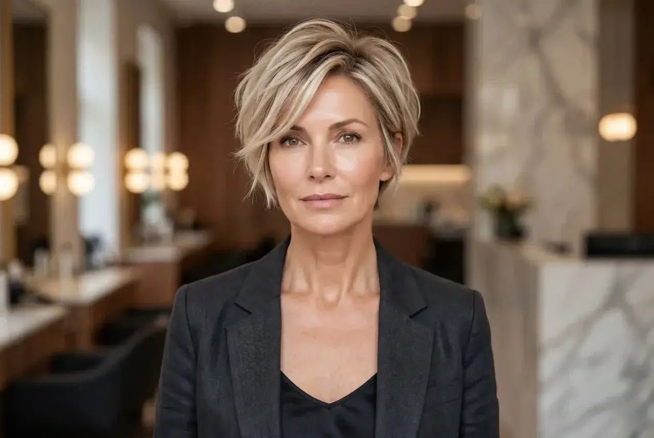 Elegancka kobieta po 40-tce z krótką, stylową fryzurą pixie, która dodaje jej młodzieńczego uroku.