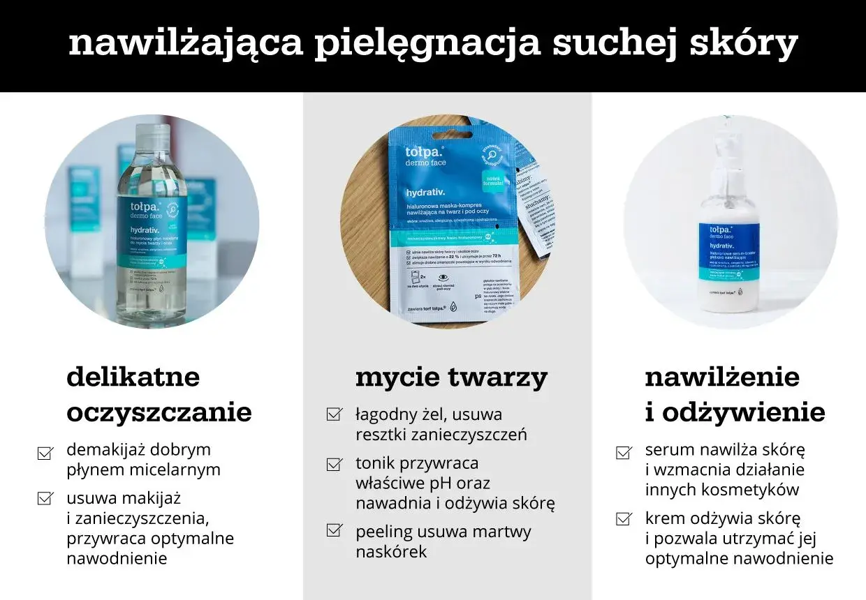 Płyn micelarny, maska i serum z mleczanem sodu do nawilżania suchej skóry.