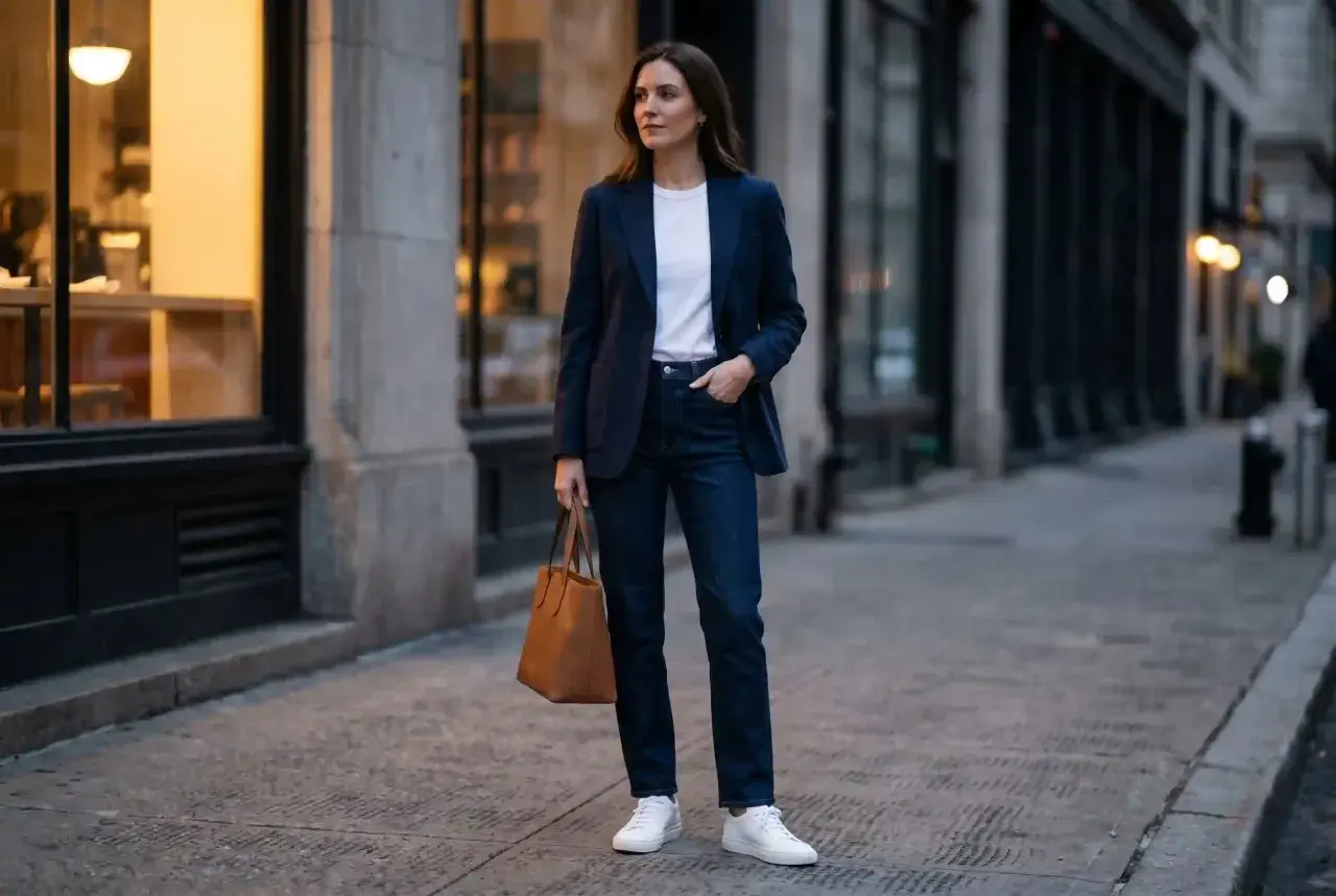 Kobieta w granatowej marynarce i jeansach, z brązową torbą, prezentuje styl smart casual.