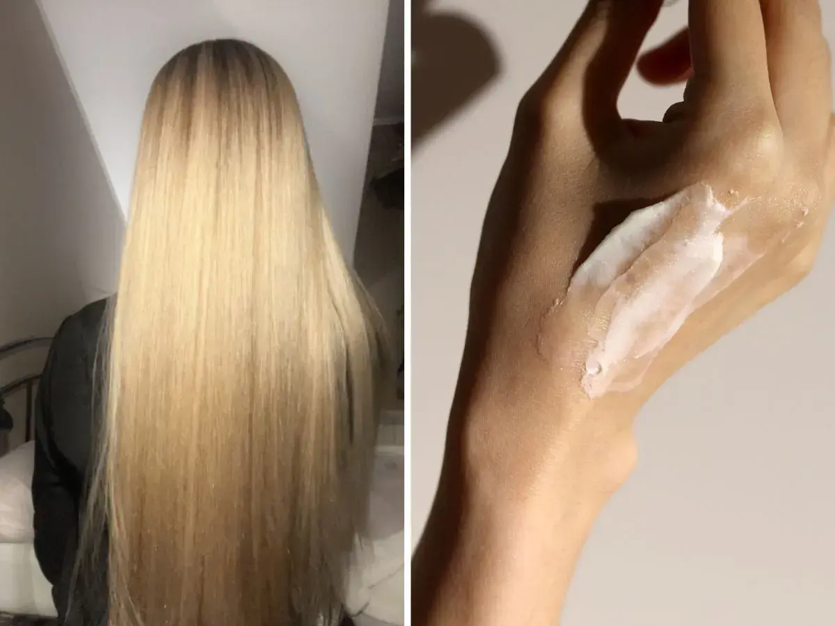 Długie, blond włosy i biały krem na dłoni, być może efekt pielęgnacji Isana Plex.