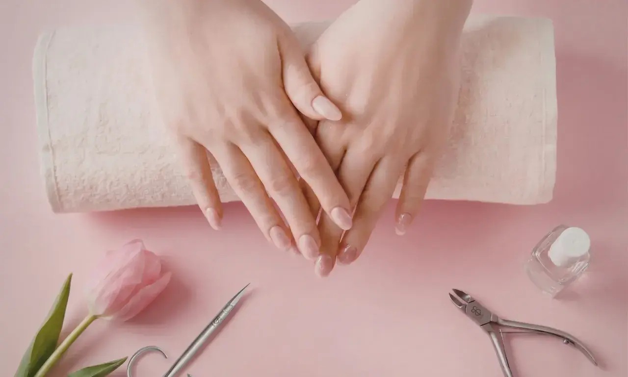 Delikatne dłonie po perfekcyjnym manicure kombinowanym. Obok różowy tulipan, cążki i buteleczka z płynem.