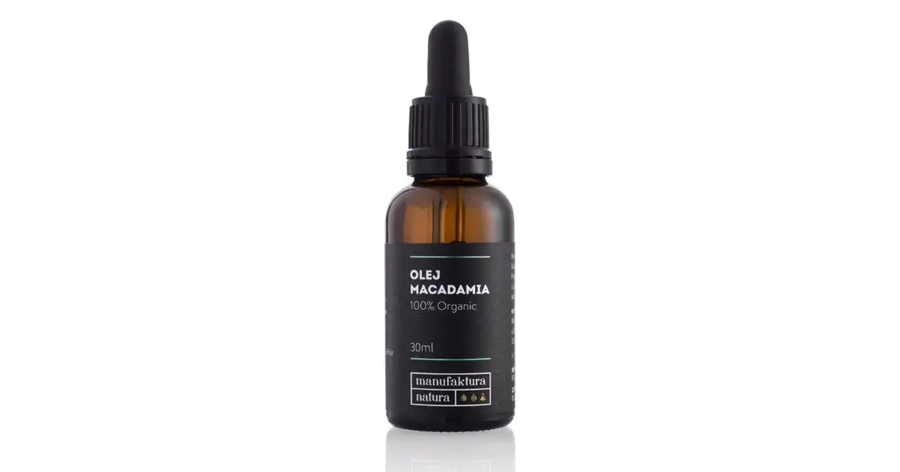 Butelka z ciemnego szkła z pipetą, zawierająca olej makadamia 100% Organic. Idealny do olejowania włosów.
