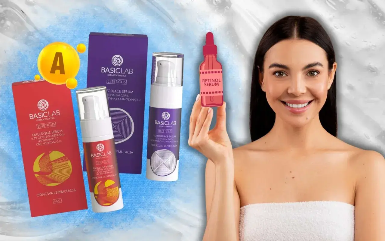 Uśmiechnięta kobieta prezentuje kosmetyki z retinolem. W zestawie serum z retinolem, witaminą C i karnozyną.