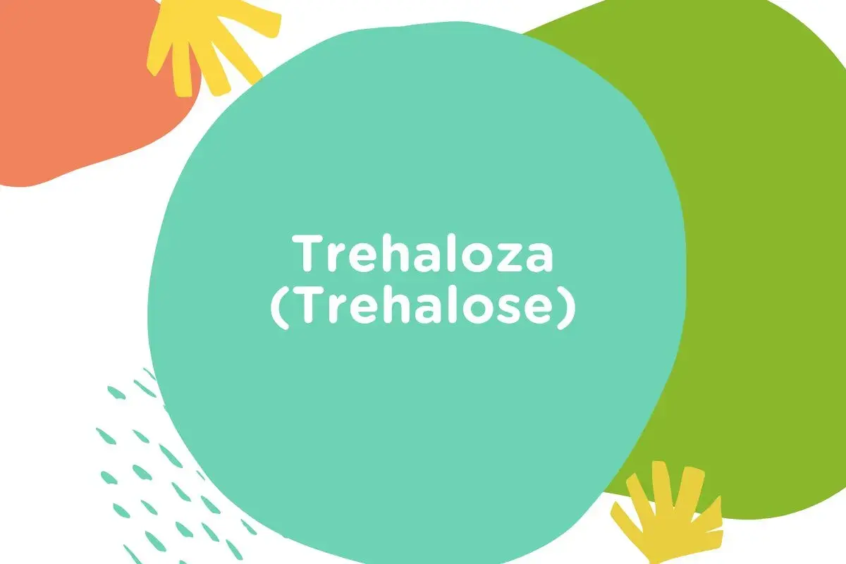 Kolorowe kształty na białym tle. Na turkusowym okręgu widnieje napis "Trehaloza (Trehalose)".