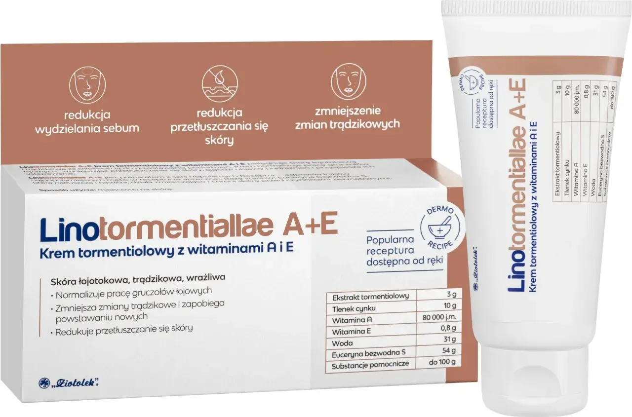 Krem Linotormentiallae A+E z witaminami A i E redukuje przetłuszczanie skóry, zmniejsza zmiany trądzikowe i łagodzi podrażnienia.