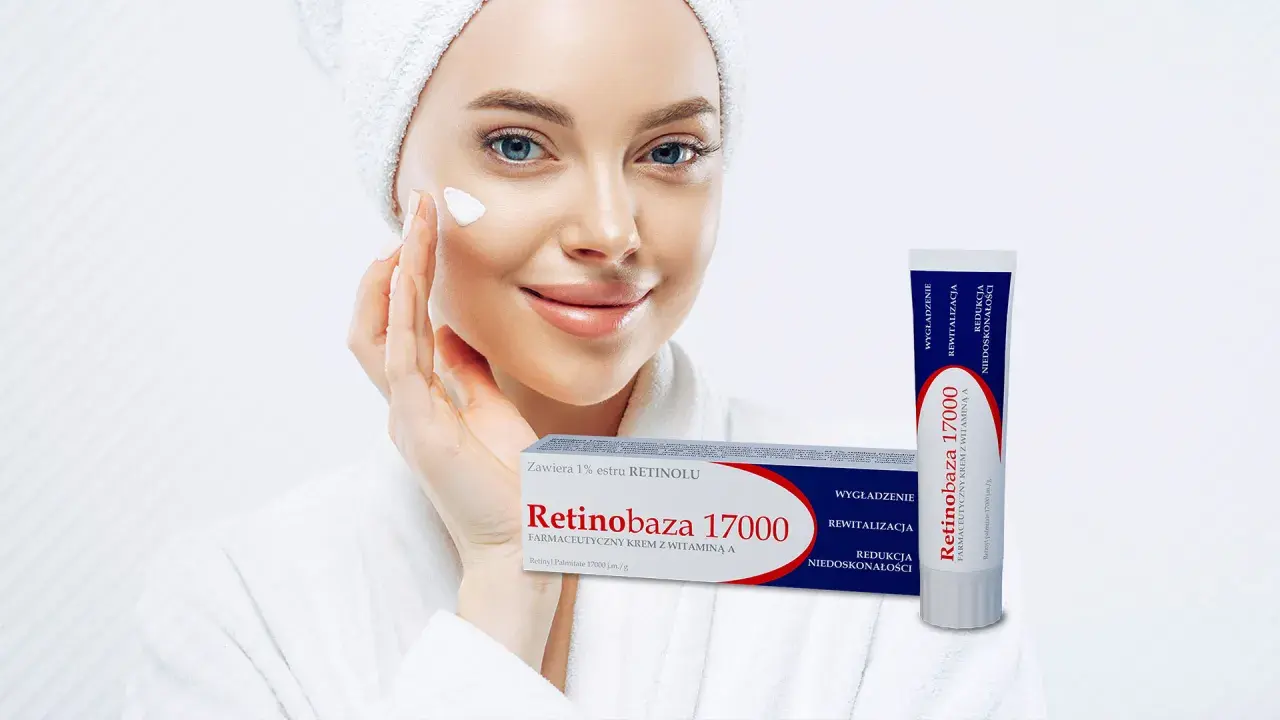 Krem Retinobaza 17000 z witaminą A dla wygładzenia i redukcji niedoskonałości. Kobieta aplikuje go na twarz.
