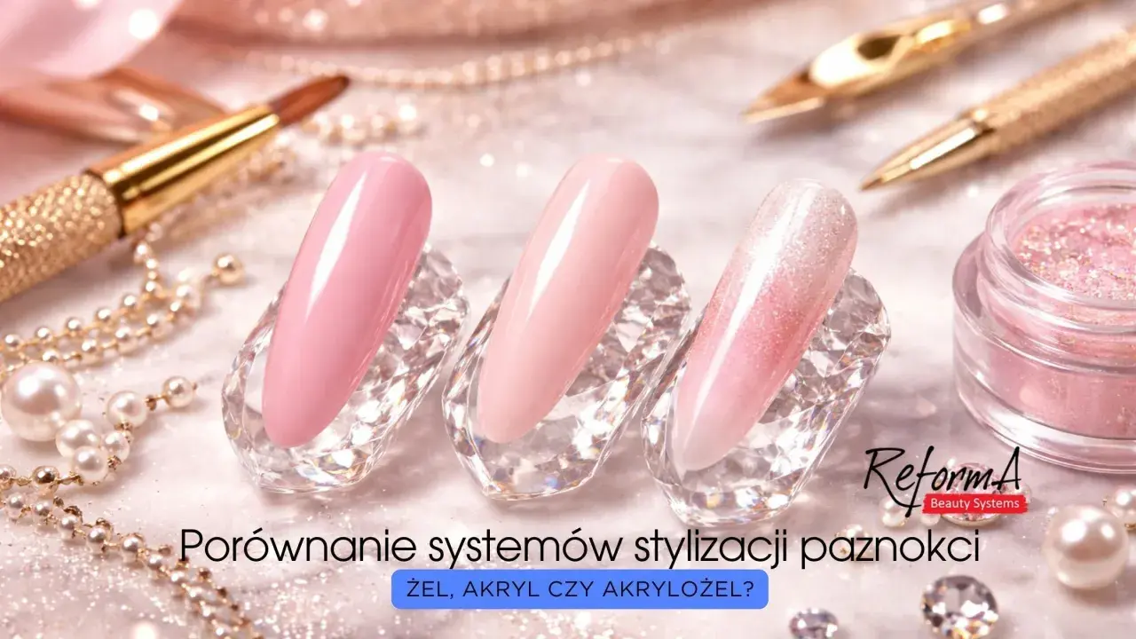 Porównanie żelu, akrylu i akrylożelu. Trzy stylizacje paznokci w pastelowych odcieniach, ozdoby i pędzel.