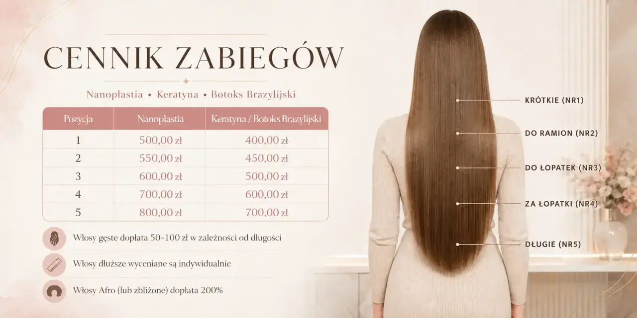 Cennik zabiegów: nanoplastia od 500 zł, keratyna od 400 zł. Długość włosów wpływa na cenę.
