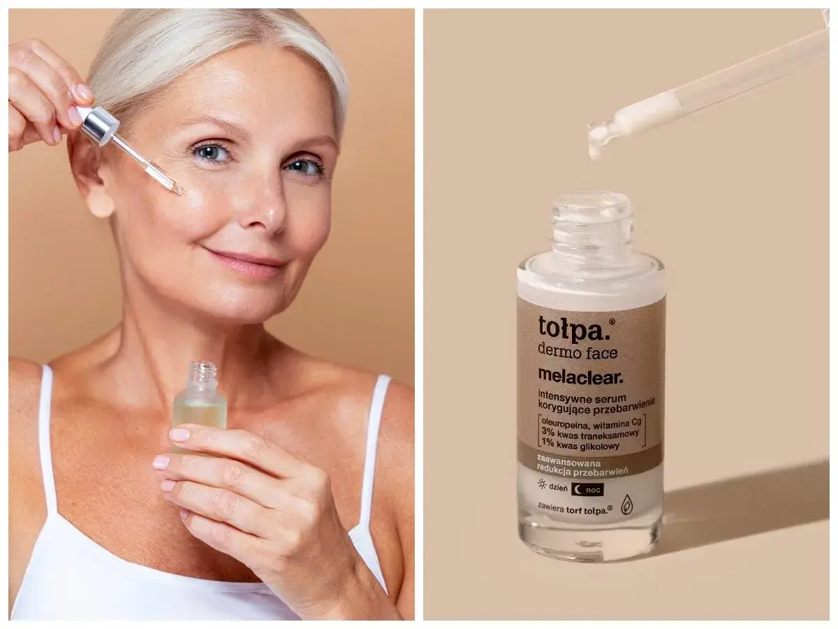 Kobieta aplikuje serum z kwasem traneksamowym na twarz. Produkt to tołpa. dermo face melaclear.