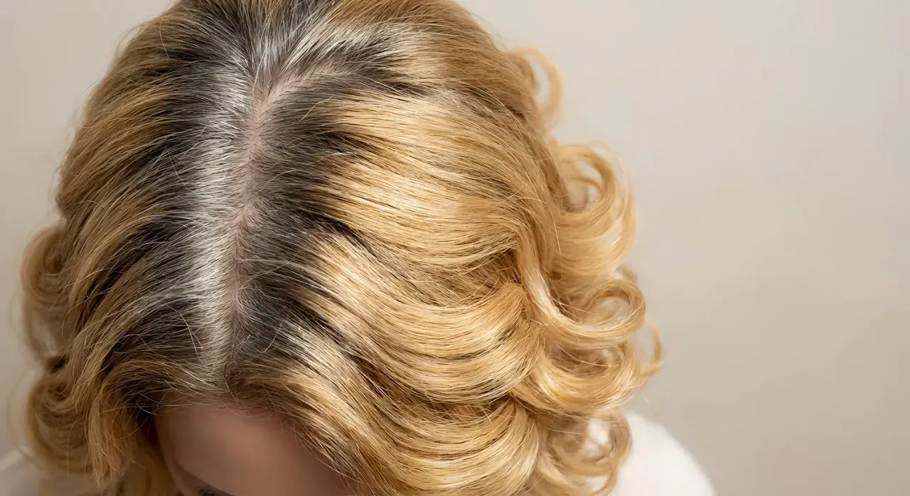Widoczne ciemne odrosty na blond włosach, które wymagają odświeżenia koloru.