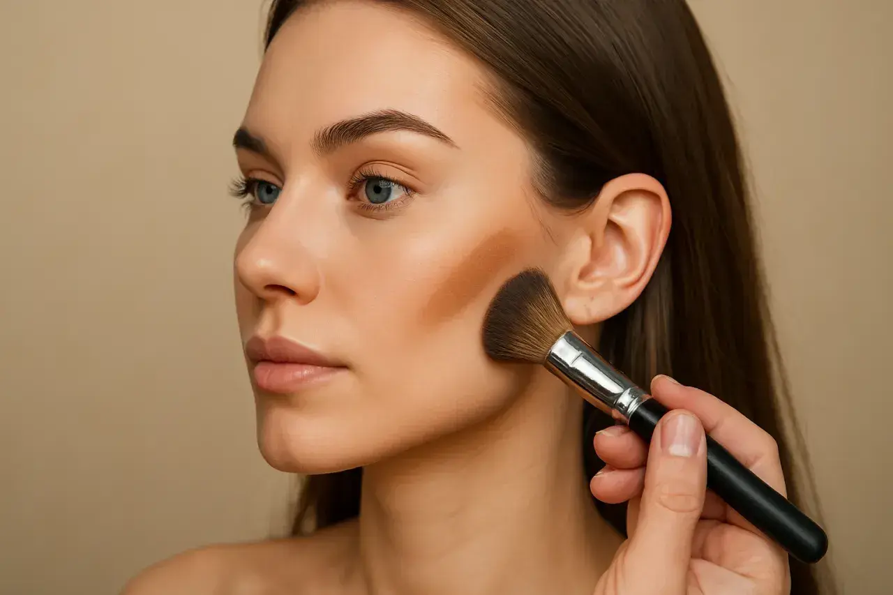 Modelka w makijażu, aplikacja bronzera na policzki. To celimax perfekcyjnego konturowania.