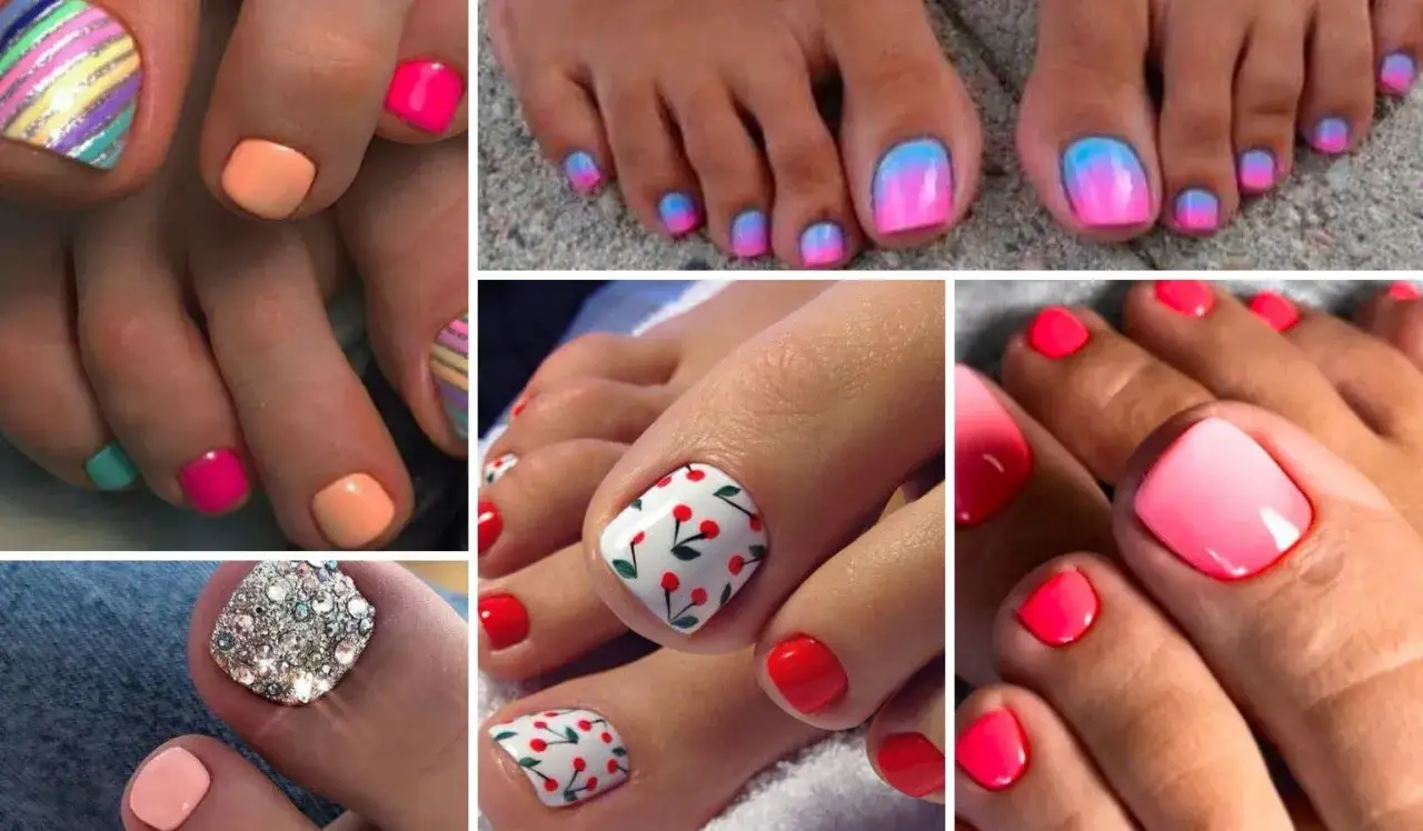 Letnie inspiracje na pedicure hybrydowy: tęczowe, ombre, wiśniowe i brokatowe wzory. Idealne na wakacje!
