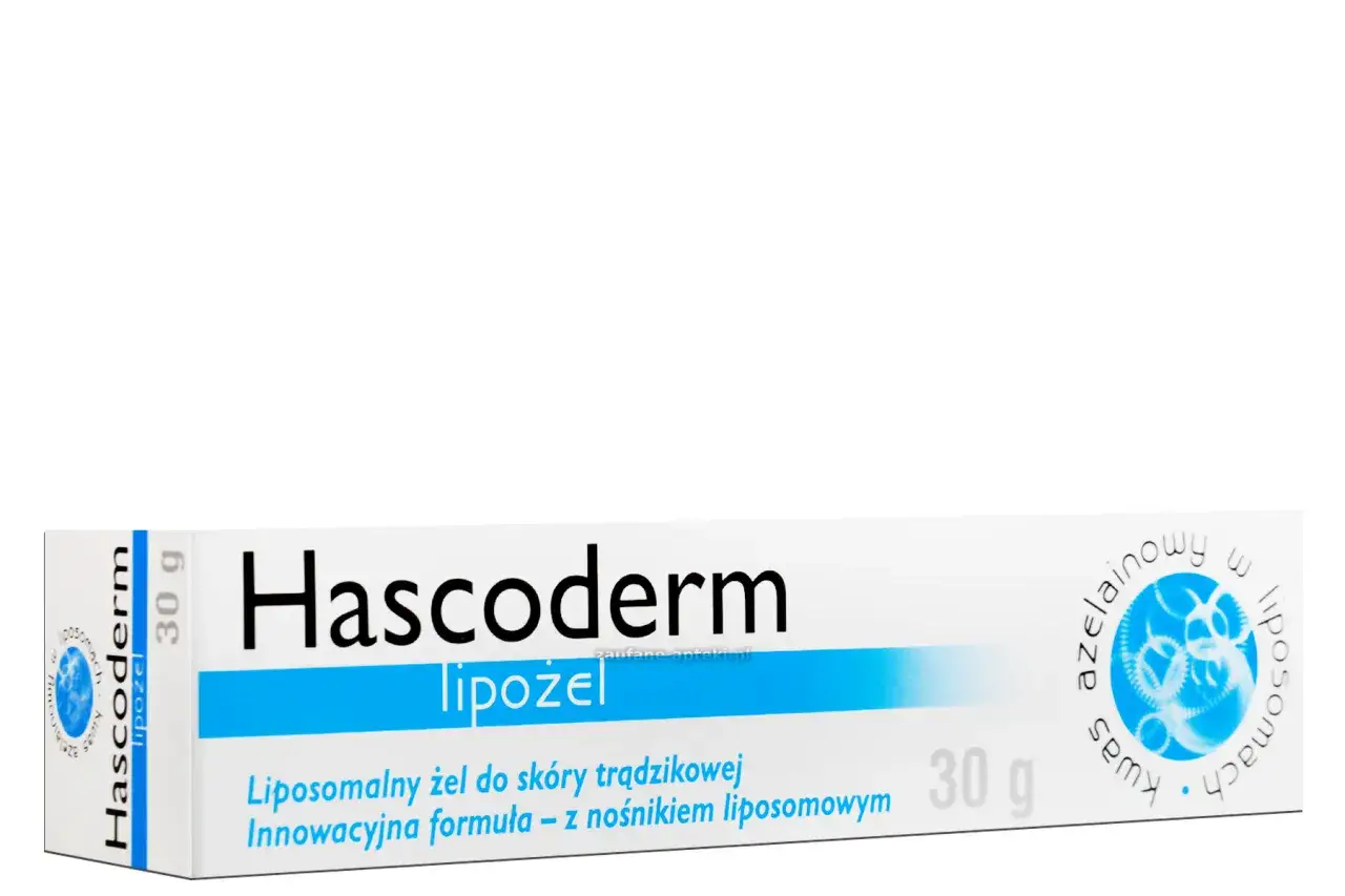 Hascoderm lipożel – innowacyjny żel do skóry trądzikowej z nośnikiem liposomowym. Opakowanie 30 g.