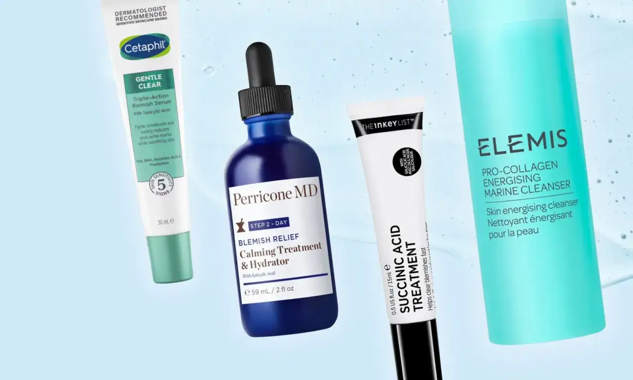 Produkty do pielęgnacji skóry z kwasem bursztynowym: serum Cetaphil, kuracja Perricone MD i cleanser Elemis.
