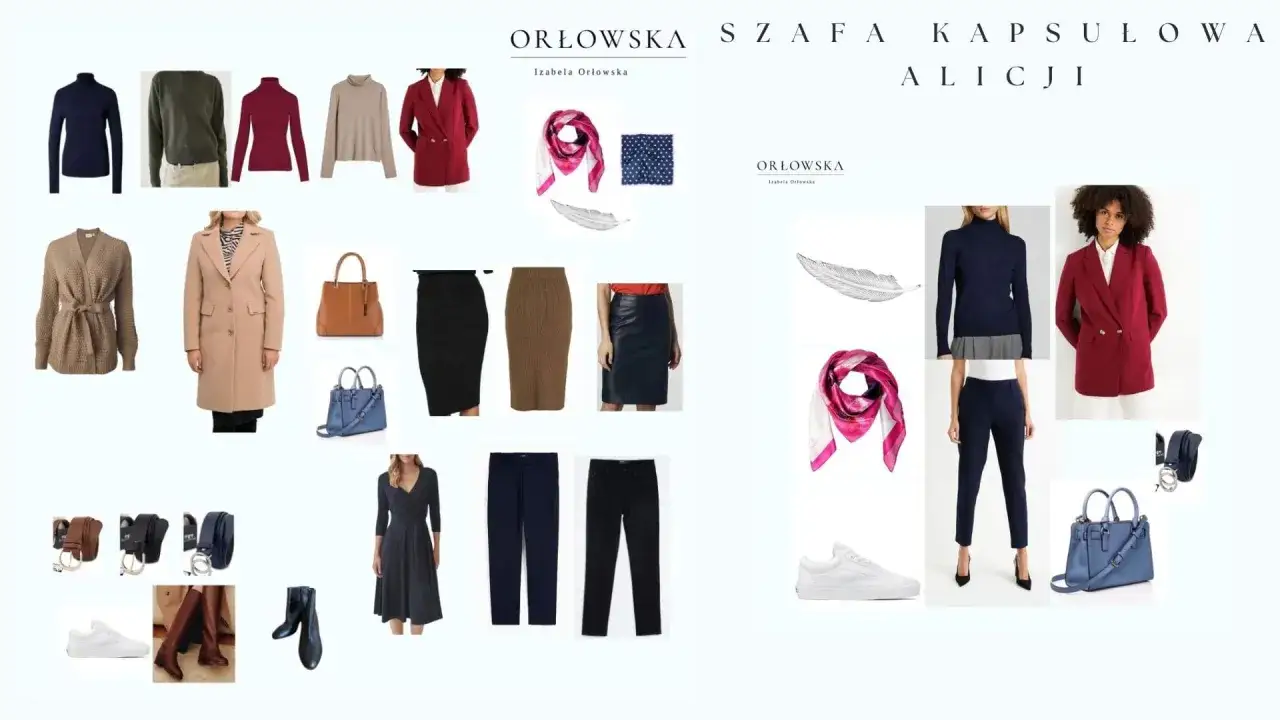 Kolekcja ubrań w stylu basic: płaszcz, marynarki, swetry, spódnice, spodnie, sukienka, torebki, buty i akcesoria.
