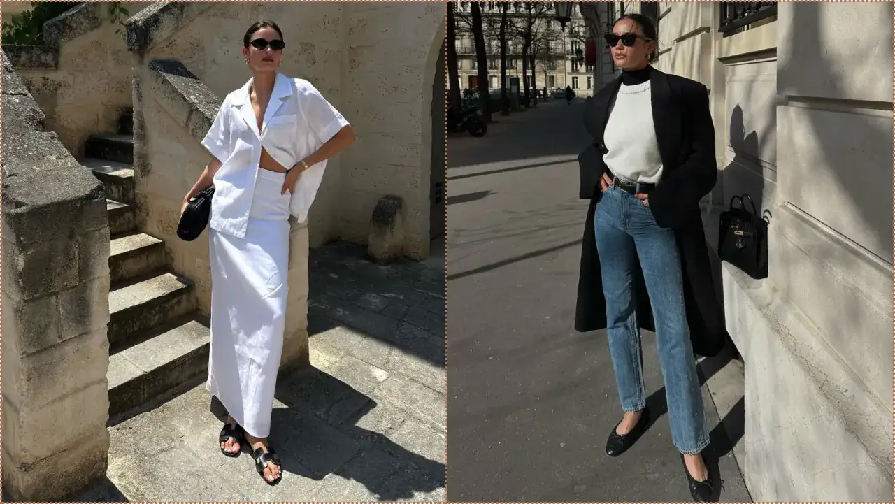 Dwie kobiety w stylizacjach inspirowanych estetyką clean girl. Jedna w białym komplecie, druga w jeansach i czarnym płaszczu.