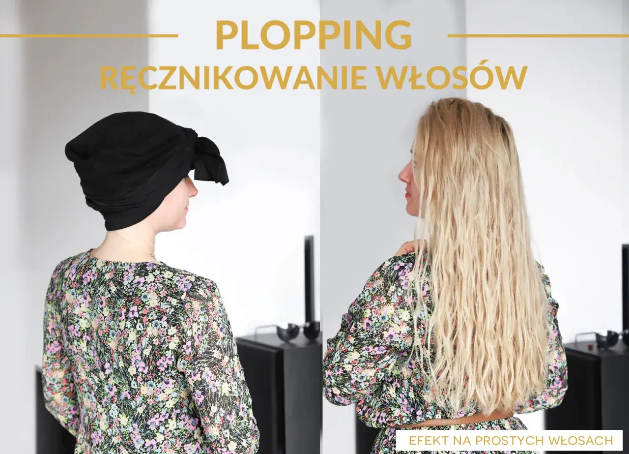 Plopping: włosy owinięte w czarny materiał po lewej, po prawej efekt fal na blond włosach.