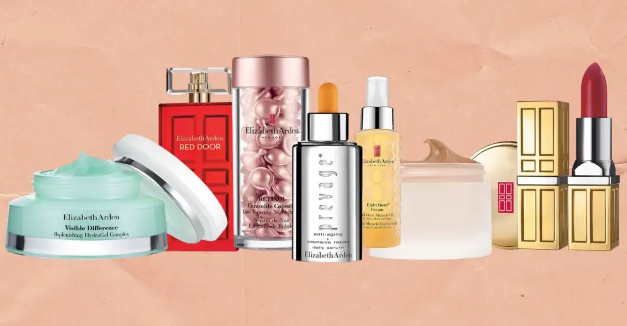 Kolekcja kosmetyków Elizabeth Arden: krem, serum, olejek i szminka. Klasyczne produkty tej marki.