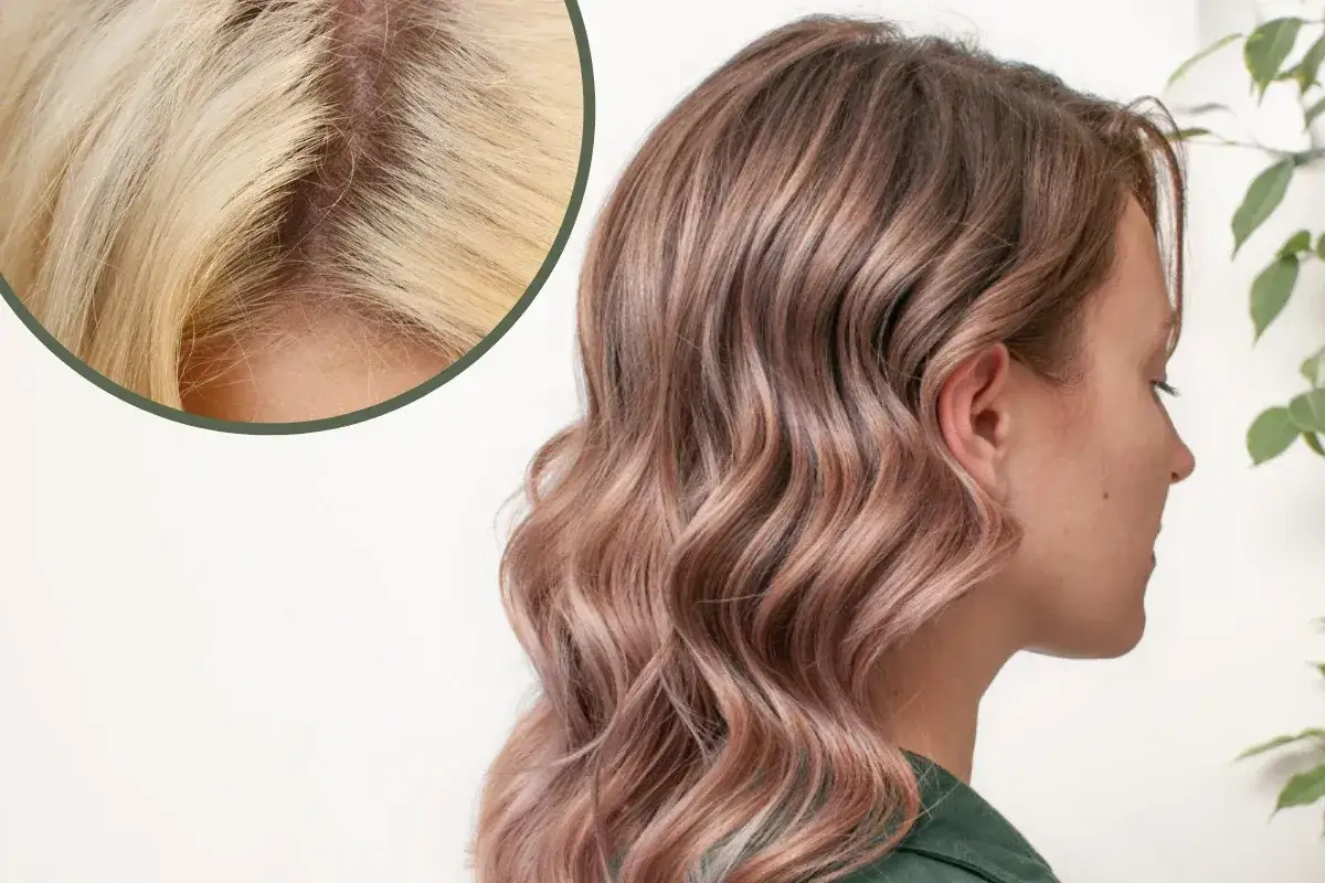 Widoczne odrosty na blond włosach, kontrastujące z różowymi pasemkami.