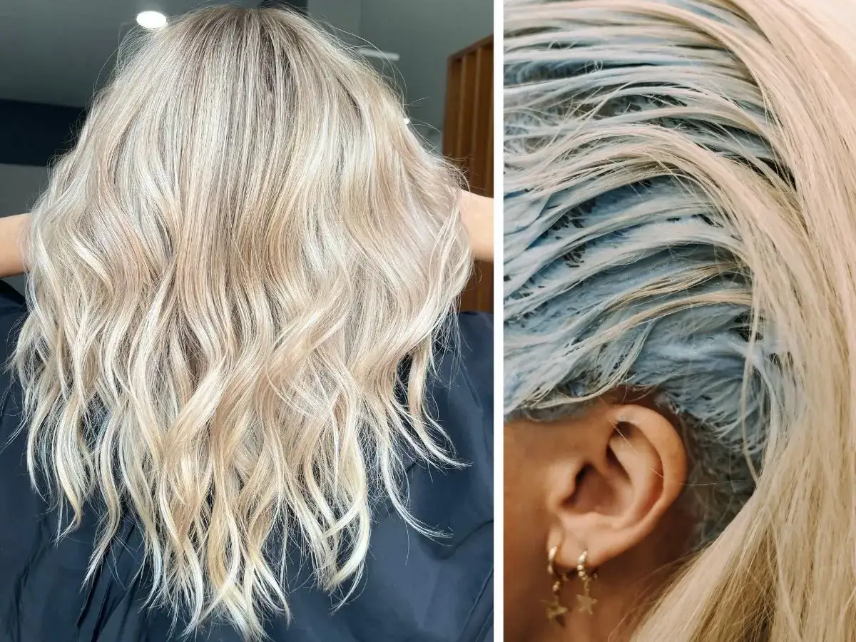 Efektowne tonowanie włosów na blond. Po lewej piękny, rozświetlony kolor, po prawej widać proces aplikacji produktu.
