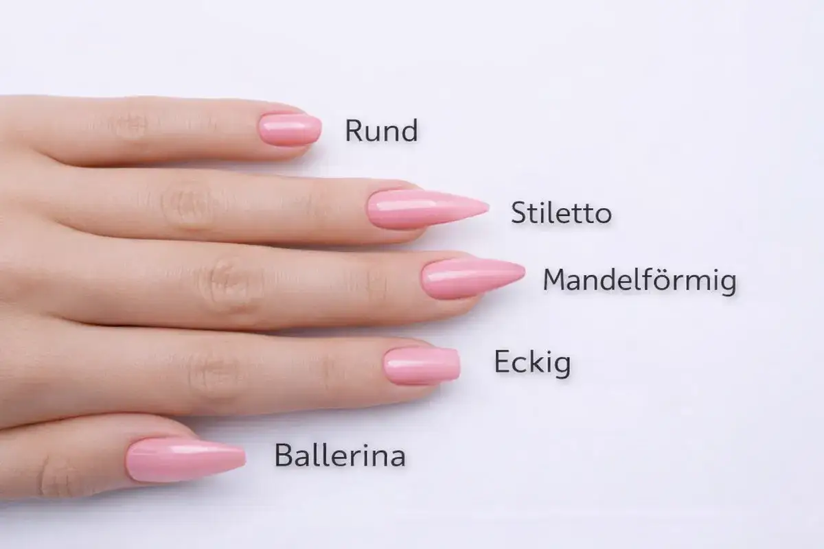 Różne rodzaje paznokci: okrągłe, szpiczaste (stiletto), migdałowe, kwadratowe (eckig) i baleriny.