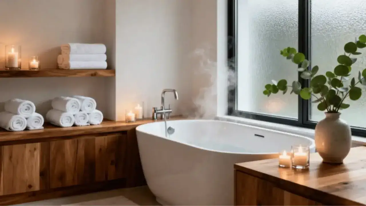 Relaks w łazience: parująca wanna, świece i świeże ręczniki tworzą idealne domowe spa.